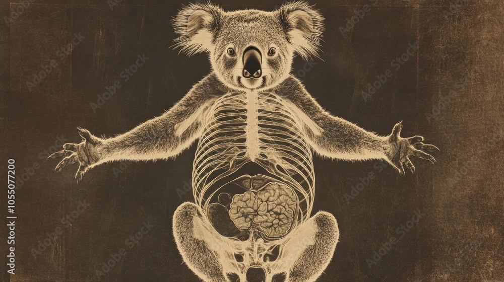 Poster an artistic depiction of a koala with a skeletal structure and internal organs highlighted.