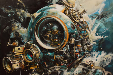 Combine elements of futuristic technologies and surrealism in a traditional oil painting Create an aerial view composition infused with unexpected camera angles to evoke a sense of wonder and mystery