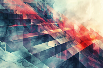 Combine the fluidity of watercolor with glitch art techniques to craft a mind-bending perspective of a digital labyrinth from a low angle, blending abstract elements with futuristic intricacy