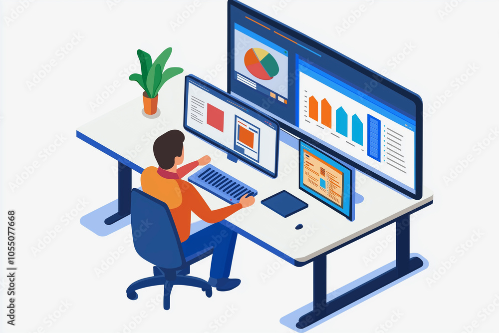 Poster man is sitting at a desk with a computer monitor and keyboard in front of him. he is working on a pr