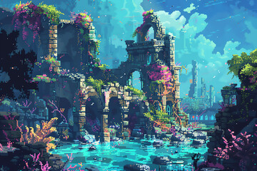 Craft a dynamic composition in pixel art style, combining psychological concepts and underwater imagery with unique camera angles to evoke a sense of mystery and wonder