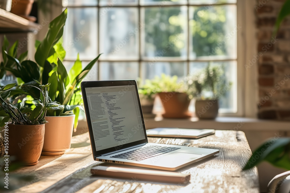 Aufkleber laptop is open on a wooden desk with a view of a window and potted plants. the laptop is displaying 