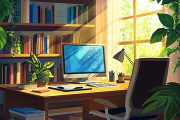 Fototapeta premium computer desk with a monitor, keyboard, and mouse. A potted plant sits on the desk. The desk is surrounded by bookshelves filled with books. The room is bright and sunny