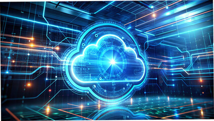 Digital informational technology web futuristic hologram with cloud icon, 