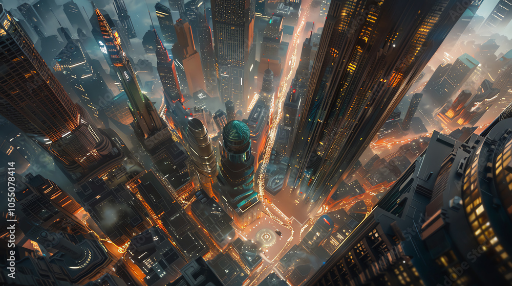 Poster create a digital rendering featuring a birds-eye view of a futuristic cityscape powered by advanced 