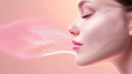 Graceful woman, detailed skin-lifting lines around eyes and jawline, promoting advanced skincare technology, pastel background in serene tones