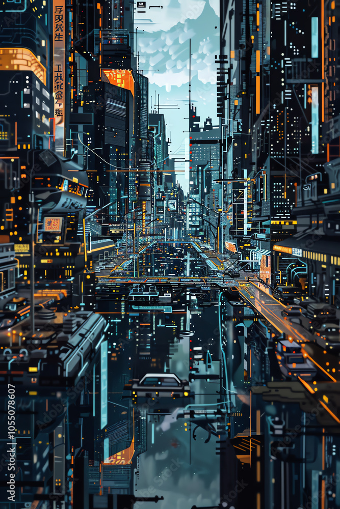 Poster design a digital pixel art piece featuring a panoramic view of a utopian cityscape with fashion-forw