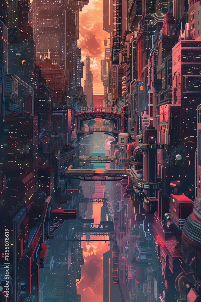 Poster design a digital pixel art piece featuring a panoramic view of a utopian cityscape with fashion-forw