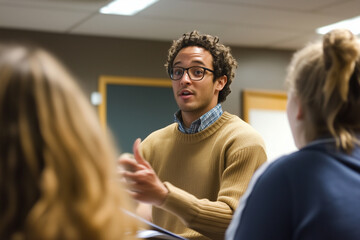 man  is talking to a group of people. The man is wearing glasses and has a serious expression on his face. The people around him are listening intently to what he has to say