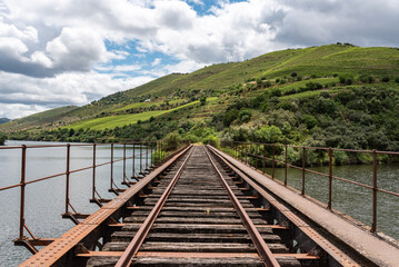 Fototapeta premium Old rusty closed train tracks leading through the Douro valley towards Porto