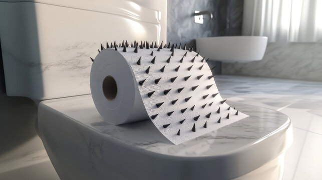 Toilet paper with sharp spikes lies on the toilet in the toilet. hemorrhoids concept