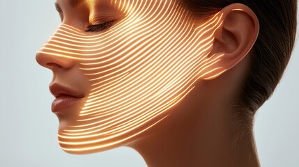 A close-up of a woman's face with metallic skin-lifting lines tracing her cheeks and forehead, her calm expression selling modern skincare innovation