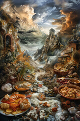 Explore a surreal culinary landscape in a dystopian setting, using oil painting techniques to showcase unexpected camera angles that evoke a sense of mystery and intrigue