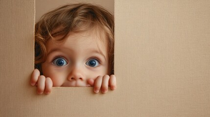 A young child is peeking out of a window