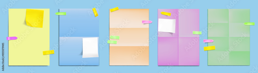 Poster folded paper documents set with sticky notes isolated on background. vector realistic illustration o