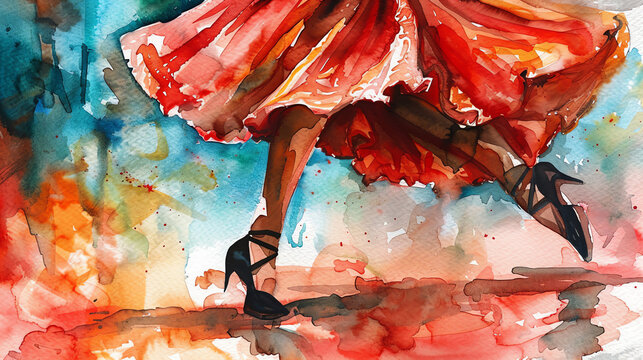 Illustrate a detailed close-up scene of a flamenco dancers intense footwork, expressing the struggle and passion of marginalized communities through vibrant colors and dynamic brush strokes in waterco