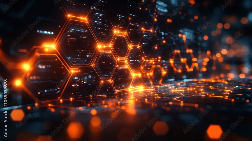 Aufkleber abstract glowing orange hexagonal network with blurred lights and a reflective surface