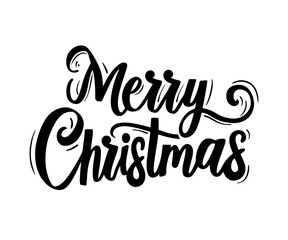 Merry Christmas black hand drawn lettering on holiday illustration isolated on white background. Merry Christmas script calligraphy for invitation, card, decoration design. Vector illustration