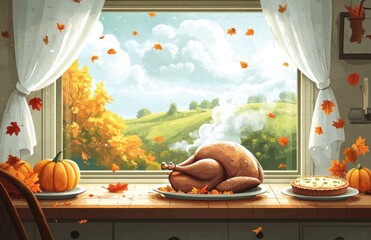 Warm autumn scene with roasted turkey by a window