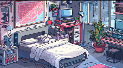 Illustrate the intersection of Futuristic Technologies and Personal Life in a pixel art composition Design a retro-inspired bedroom with futuristic gadgets subtly incorporated, using isometric perspec