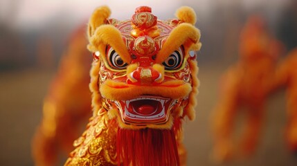 Vibrant and Colorful Traditional Chinese Lion Dance Performance at a Lively New Year The dancers in...