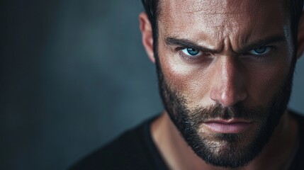 Obraz premium A man with a beard and a blue eye stares at the camera