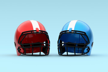 Two american football helmets facing each other on a blue background