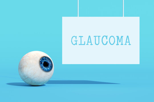 Human eye looking at glaucoma sign on blue background