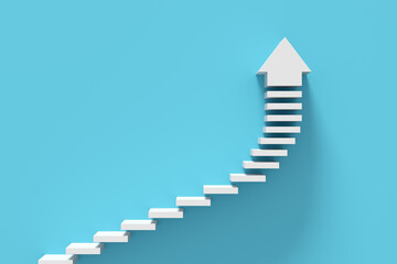 White stairs leading upwards to success with arrow.