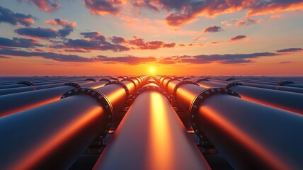 Obraz premium The image depicts a row of pipelines at sunset, showcasing vibrant colors and reflecting light, symbolizing energy and industrial infrastructure.