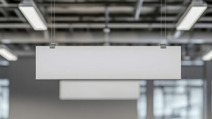 A banner mockup elegantly hangs from the ceiling in a bright indoor venue with soft shadows