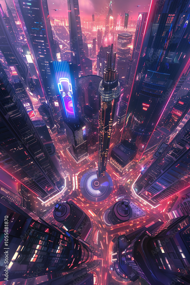 Poster visualize a futuristic cityscape intertwined with the concept of virtual reality enhancing mental we