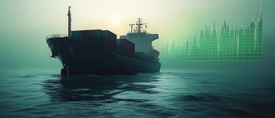 A cargo ship in foggy waters with a digital graph overlay, symbolizing trade and analytics.
