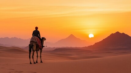 A solitary figure riding a camel through the vast arid desert landscape with the sun sinking below the distant mountains creating a breathtaking orange and pink sky at dusk