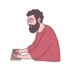 Bearded Man Freelance Employee Cartoon Character Typing on the Keyboard
