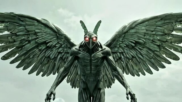 Mothman . Winged humanoid creature spreading wings. 3d animation rendering