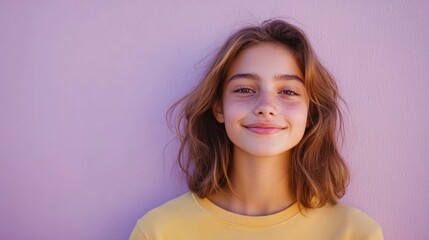 Fototapeta premium A girl with brown hair and a yellow shirt is smiling at the camera