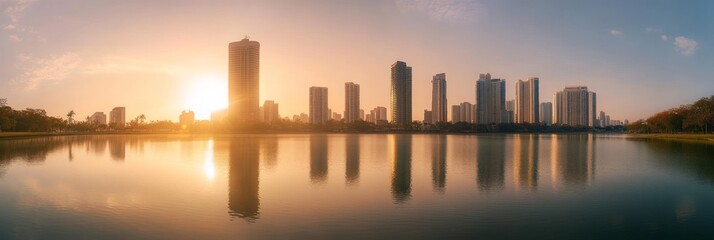 Fototapeta premium Sunrise Cityscape with Skyscrapers and Lake Reflection