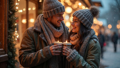 Obraz premium A joyful couple in winter clothing enjoys a warm drink outdoors amidst glowing lights and falling snow.