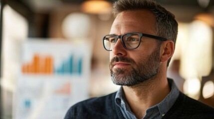 Obraz premium A man with glasses is looking at a presentation
