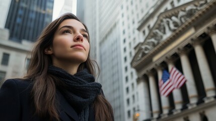 Fototapeta premium A woman wearing a black coat and scarf stands in front of a building