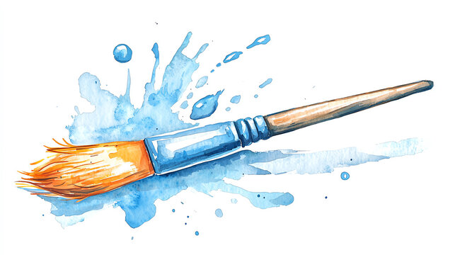 Hand-painted watercolor clipart of a detailed paintbrush with blue and orange hues