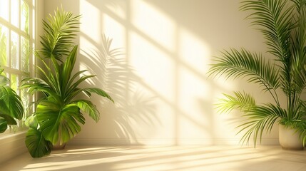 Fototapeta premium Sunlit indoor space with potted tropical plants and shadow play.