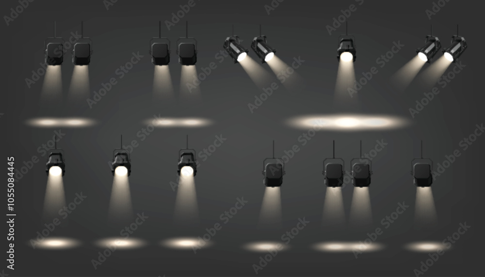 Aufkleber professional stage spotlights with various beam configurations. realistic 3d vector focused illumina