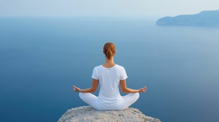 Woman sitting in a meditative yoga pose on a cliff s edge overlooking the deep blue waters of the Mediterranean Sea in Greece  The serene expansive landscape creates a peaceful