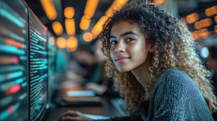 Fototapeta premium Young woman coding at a computer in a collaborative workspace.