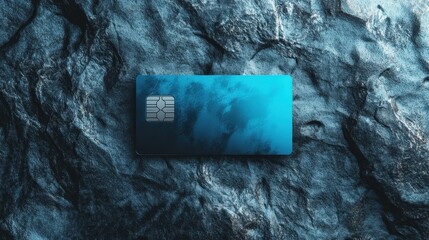 A metallic blue credit card displayed on a textured grey surface showcases depth through lighting