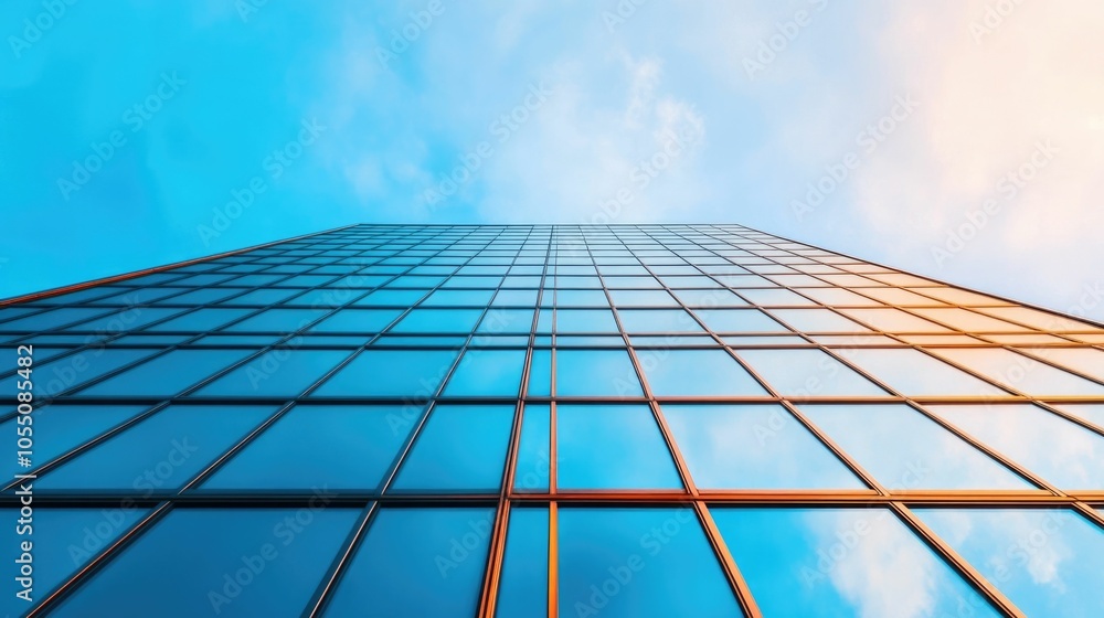Poster striking futuristic office building featuring a modern glass clad facade with sharp geometric angles