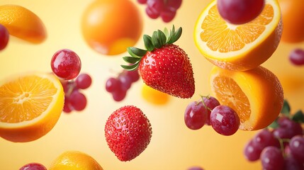 Naklejka premium Fresh grapes strawberries and oranges falling in mid-air with realistic detail and shadows