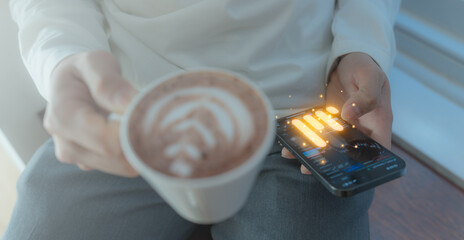 Businessman in casual look using laptop and working in startup business at cafe coffees shop in public locations ,work from home and anywhere meeting online, searching internet for job in social media